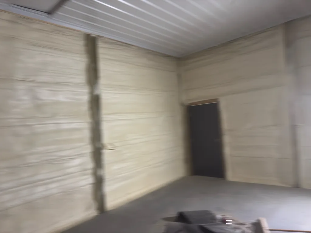 Cream foamed walls of an empty room with a dark doorway in the far corner